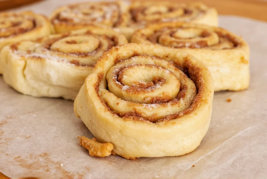 Close-up of perfectly sliced cinnamon roll dough using dental floss technique
