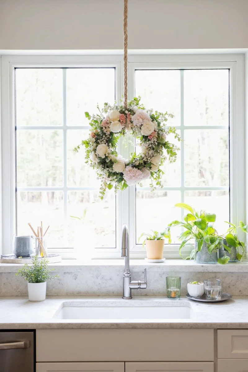 Small art display next to kitchen sink window