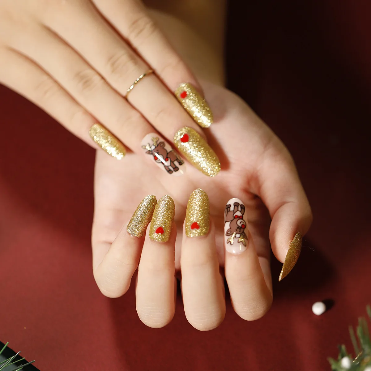 

24pcs/set christmas press on nails Self-Adhesive false Nail Tips Design gold French Ballet christmas nail art 3d