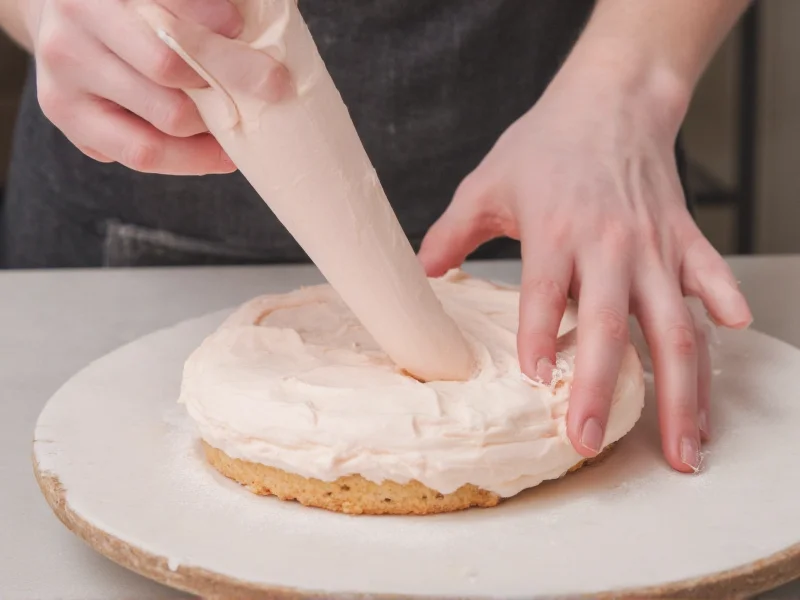 Professional baker piping homemade buttercream icing