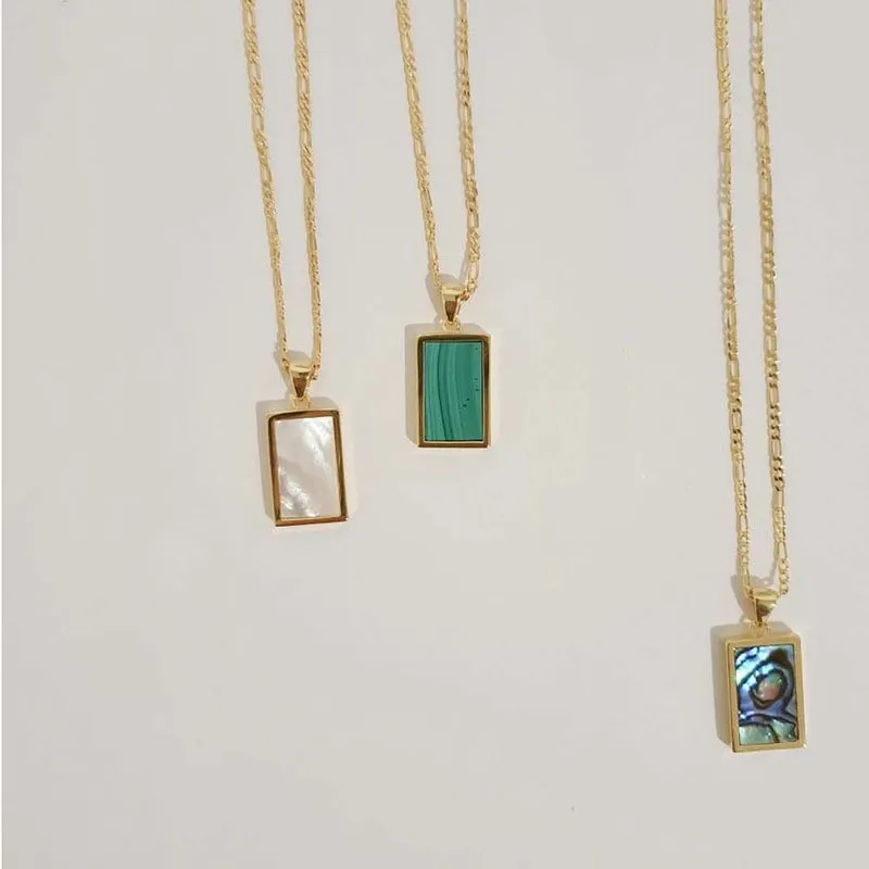 

18K Gold Plated Stainless Steel Figaro Chain Abalone White Shell Turquoise Rectangular Pendant Necklace