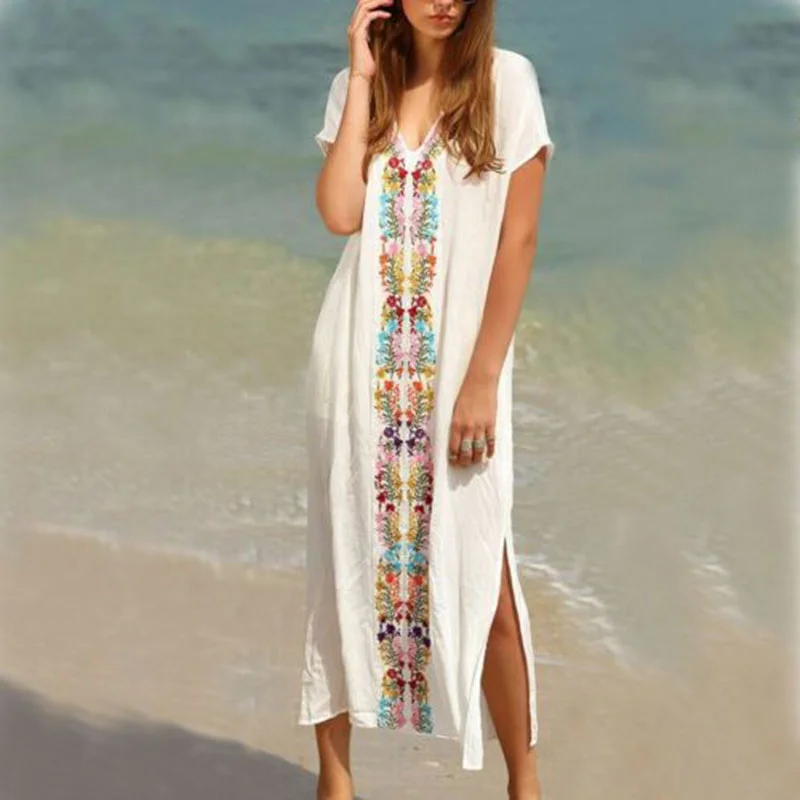 

Women Beach Embroidered Floral Long Kaftan dress Summer Boho Maxi Dress Embroidered long skirt Turkish robe style beach dress wo
