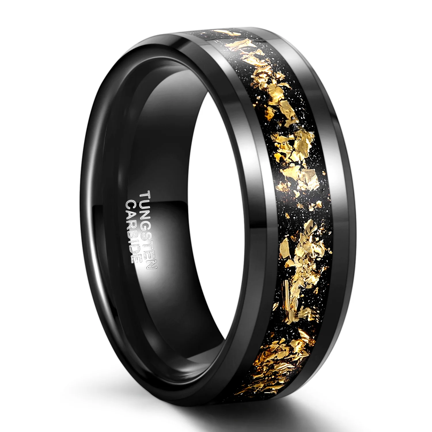OAHLAN Fashion Jewelry Beveled Edge 8mm Black and Gold Foils Inlay Tungsten Carbide Rings for Men's Wedding Engagement Gift
