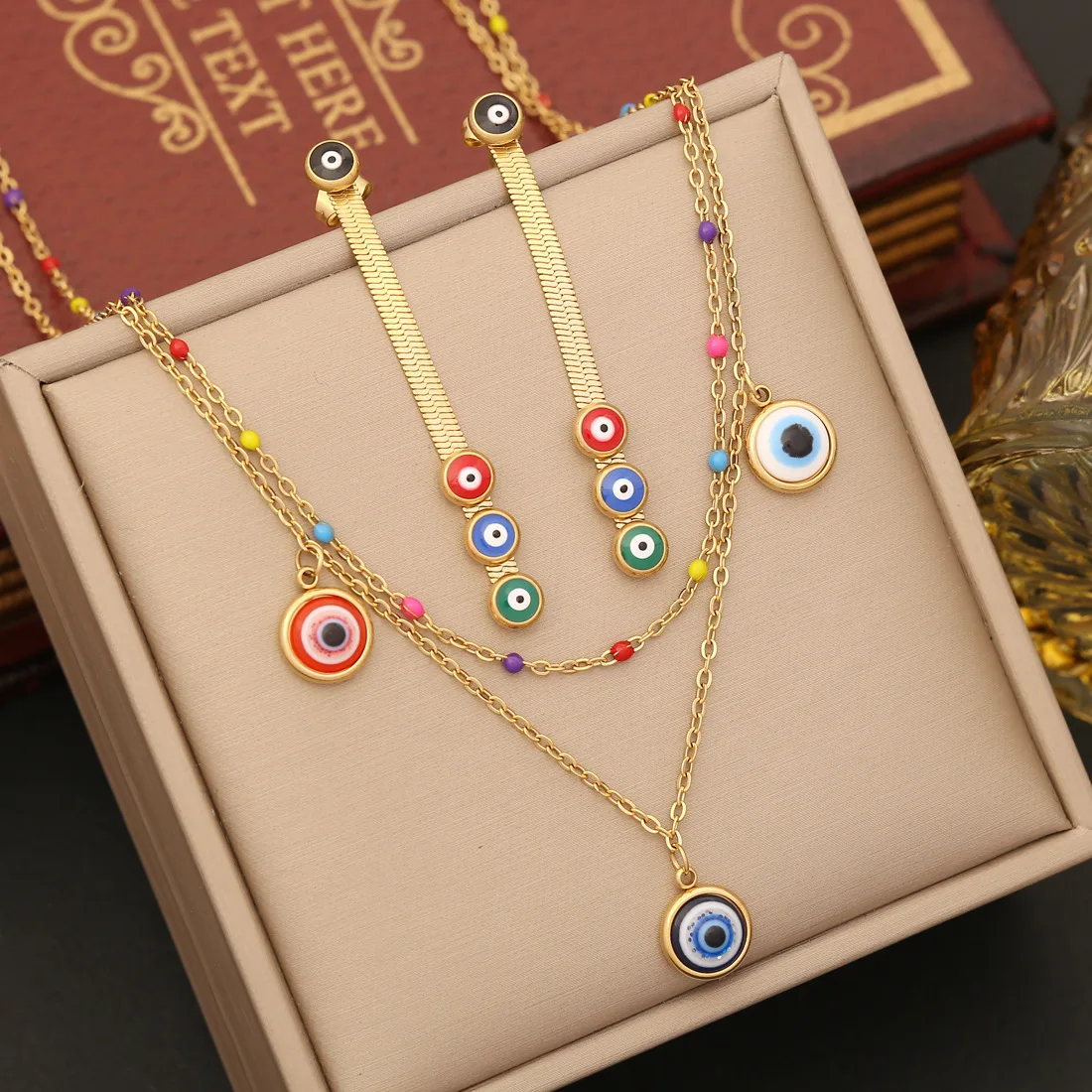 

3Pcs Fashion Devil Eye Necklace Earrings Bracelet Set 18k Gold Plated Non tarnish Stainless Steel Jewelry Set For Women