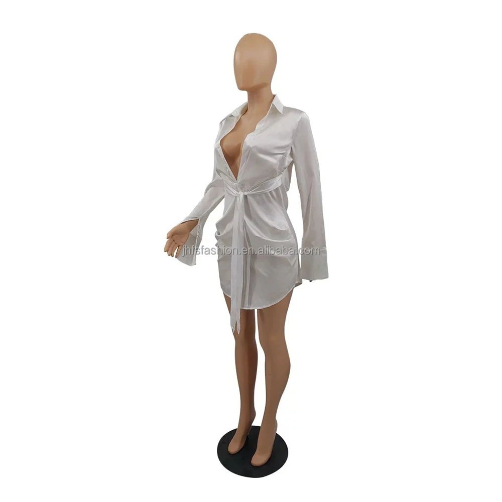 

J&H fashion 2022 Ropa De Mujer Collar Longsleeve Plunge Neckline Satin Vestidos Bodycon with Belt Fitted Skirt Mini Dress