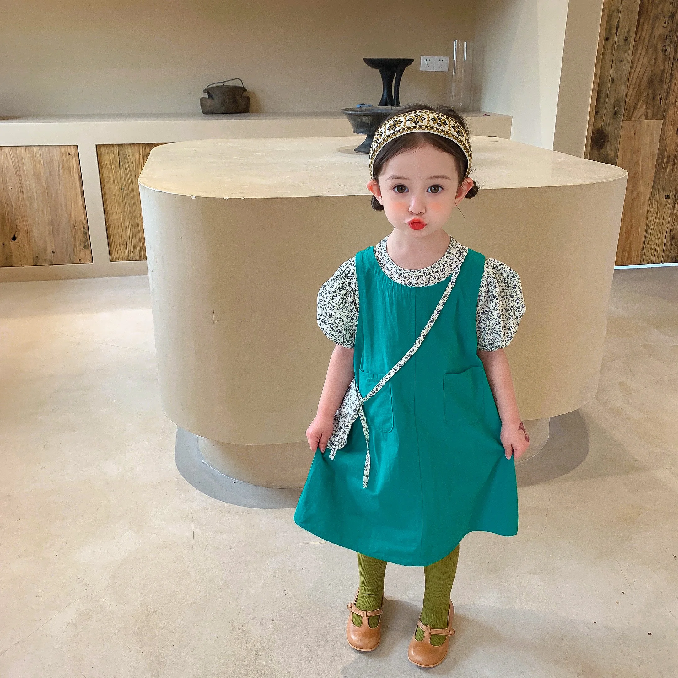 

Hot selling Children fake two pieces dress pastoral girl's fake two pieces dress