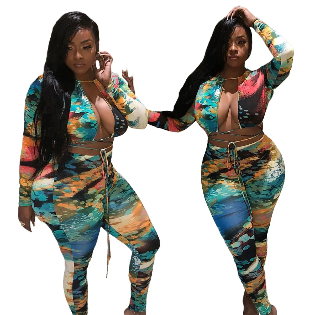 

CL-025 Wholesales New Arrival Sexy Hollow Out 2 Piece Set Tie Dye Printing Custom Casual Fashionable Suit For Women