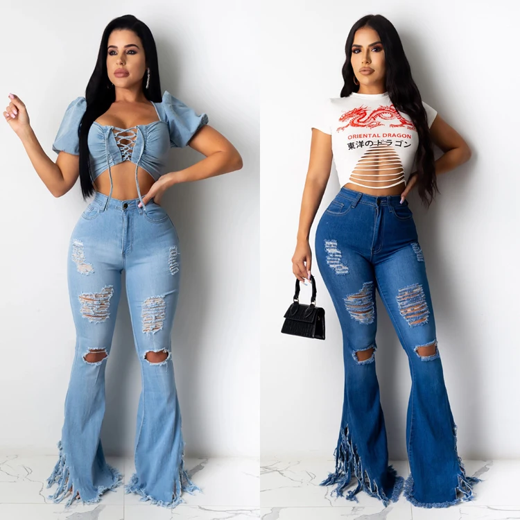 

Girlfriend Damaged Rip Jean Flare Ripped Denim Jeans Pants Women