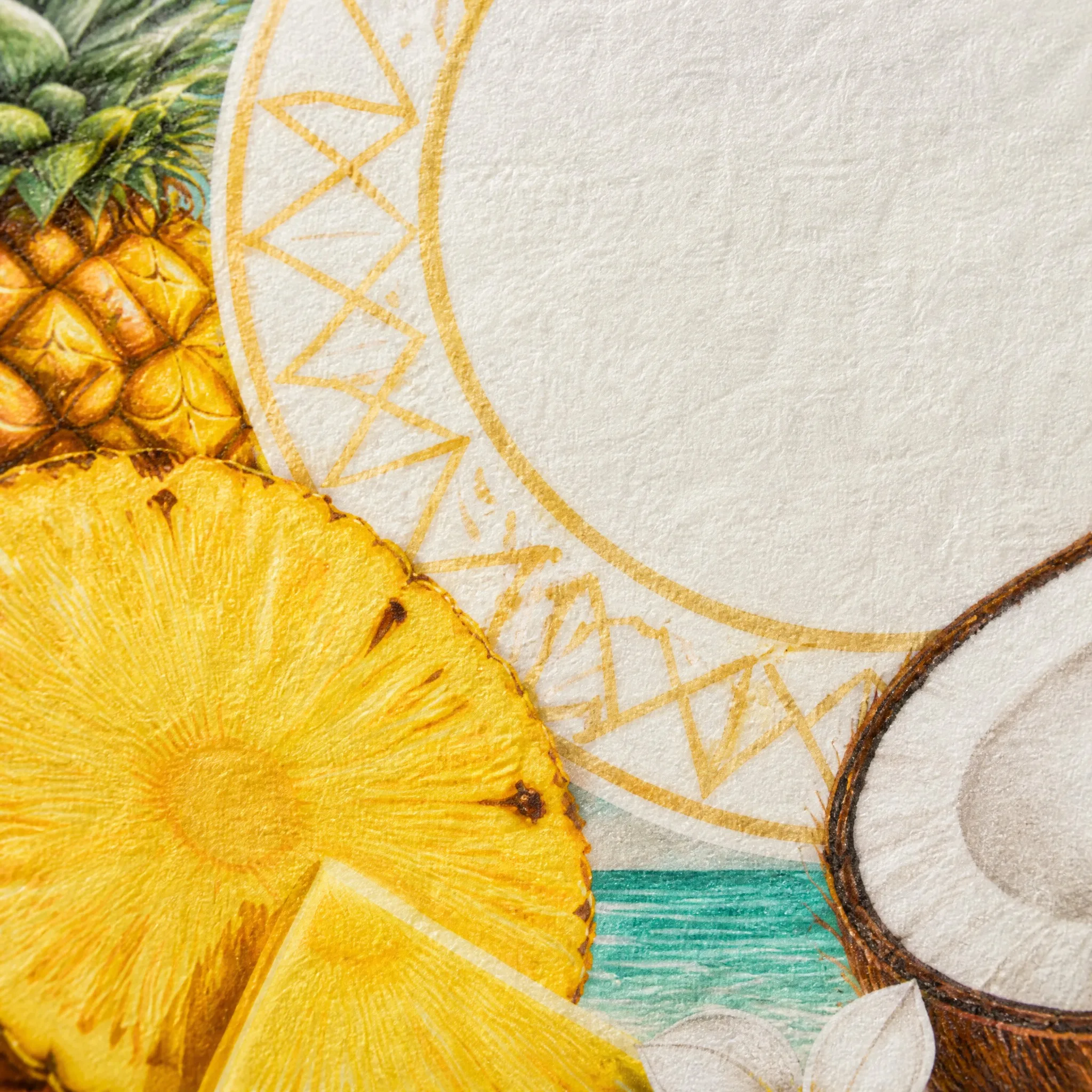 4K Macro Close-up of Pineapple Slice Texture, Coconut Fiber Husk, and Gold Medallion Line
