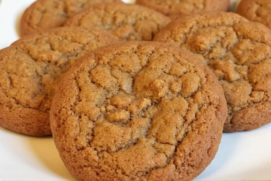 Close-up of perfectly chewy ginger molasses cookies with crackled tops and soft centers on a baking sheet