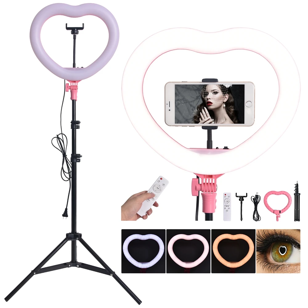 

FOSOTO FT-X258 Selfie led heart shaped ring light lamp Makeup Light Tattoo Selfie Vlog Eyelash Lamp Video light with tripod, Pink