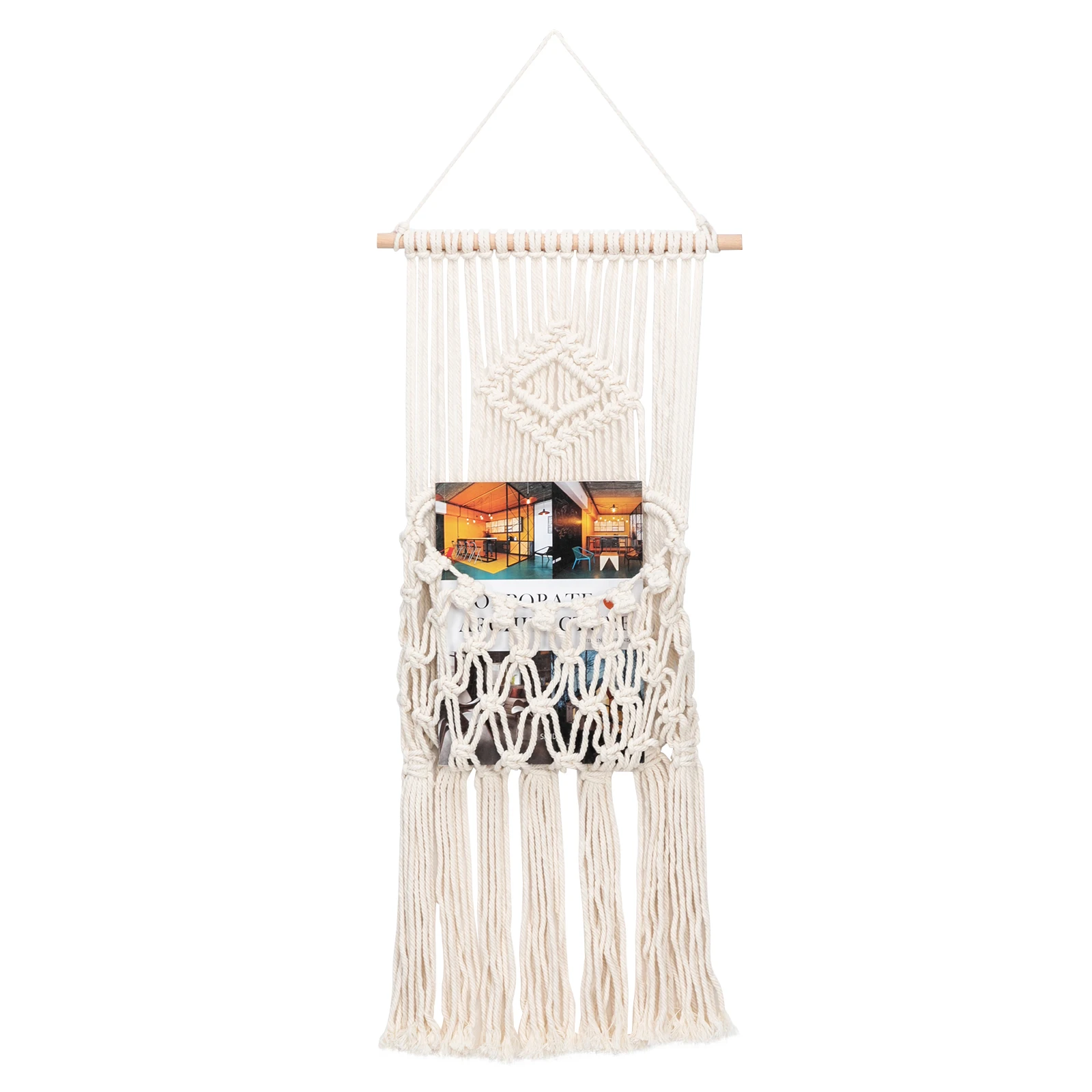 

Magazine Storage Organizer Mail Holder Macrame Wall Hanging Decorative Storage Wall Mount Cotton Wovening Hanging Pocket Home, Beige