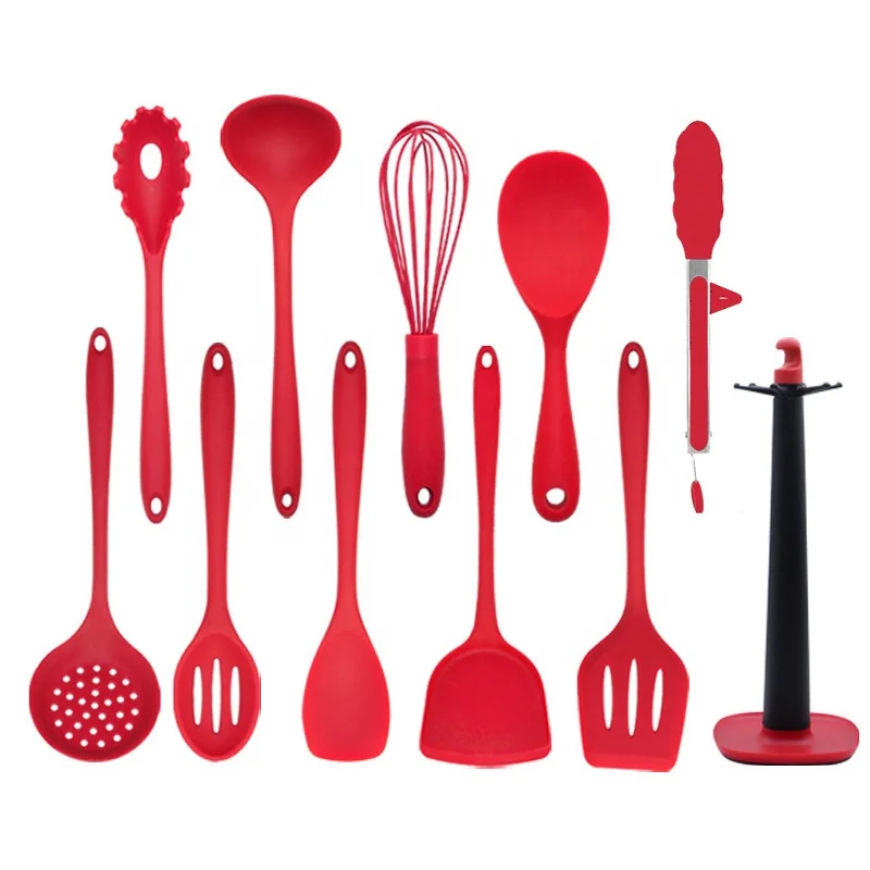 

Custom food grade kitchen tools 11 pieces home hero silicone set kitchen cooking utensil, Red,black