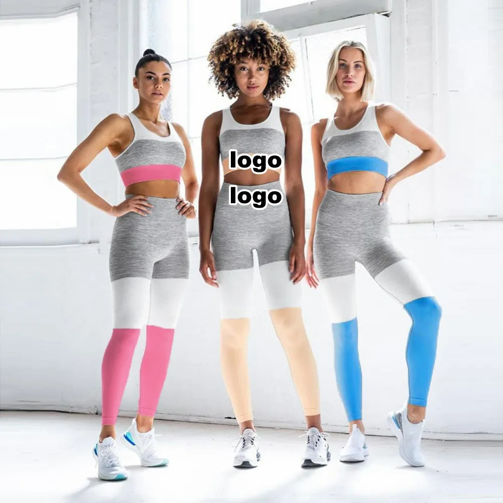 New Style Patchwork seamless high quality yoga active wear 2 pieces fitness sports set yoga workout sports bra leggings set