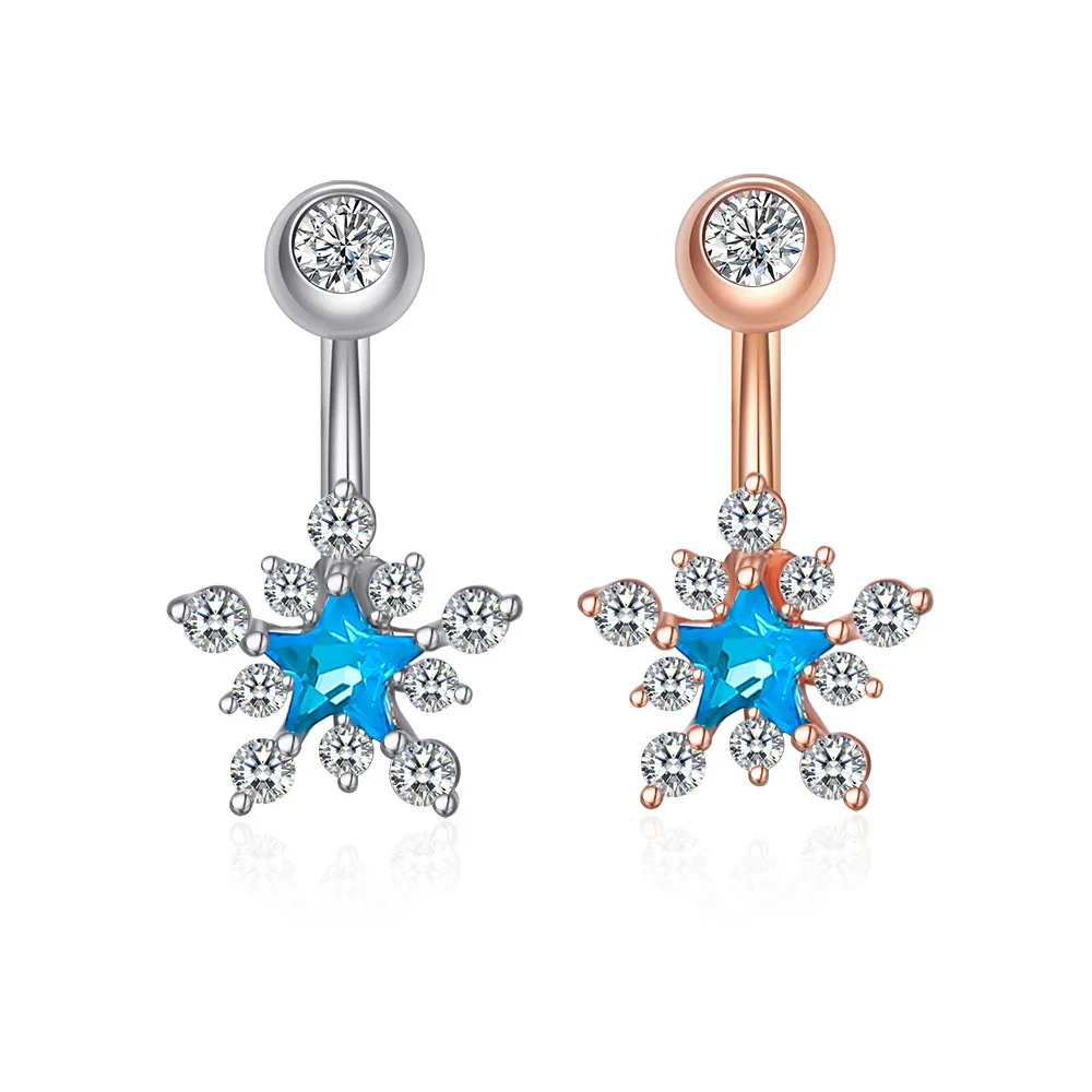 

YICAI 1pc Blue Star Curved Bar Button Rings Piercing For Summer Women Zircon Short Snowflake 316L Stainless Steel Belly Ring, Silver/rose gold
