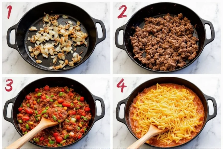 Schritt-für-Schritt-Zubereitung von Chili-Mac-and-Cheese mit Hackfleisch in Gusseisenpfanne