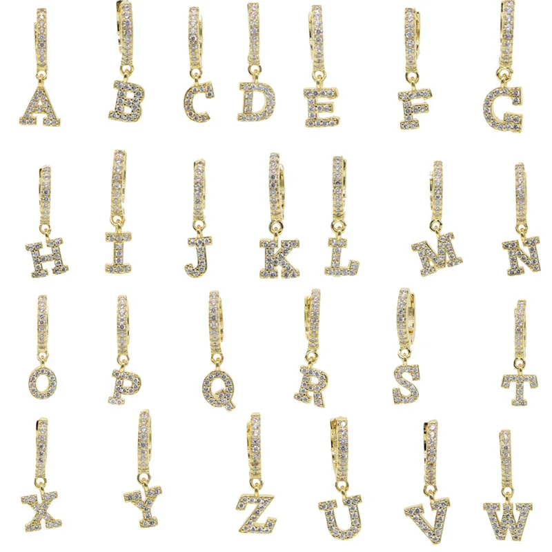 

1 piece Gold silver color clear cz 26 Initial charm circle dangle drop earring name letter Alphabet earrings