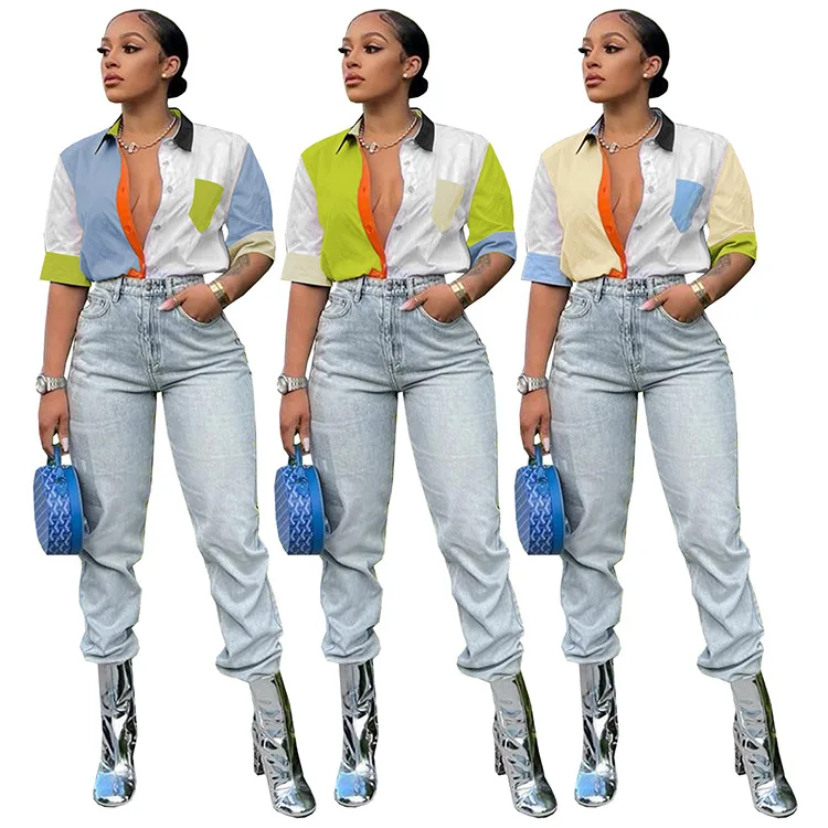 

G8121 - Fashionable short sleeve color blocking women blouse