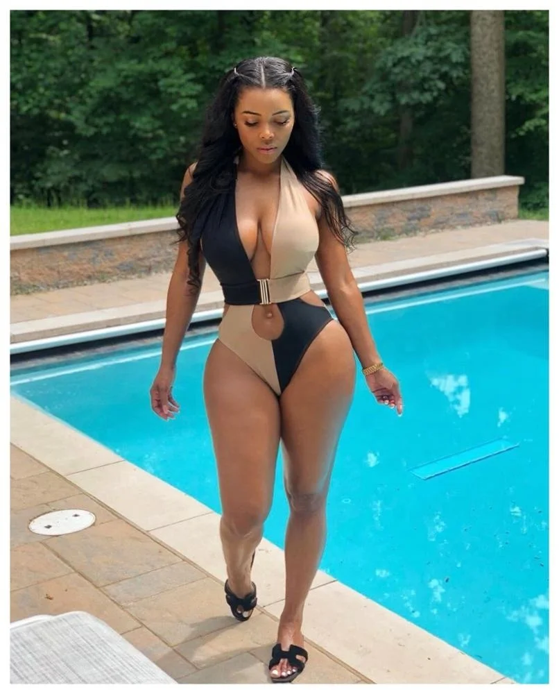 

B62266A European and American women's sexy backless patchwork solid color one-piece swimsuit, Green/black