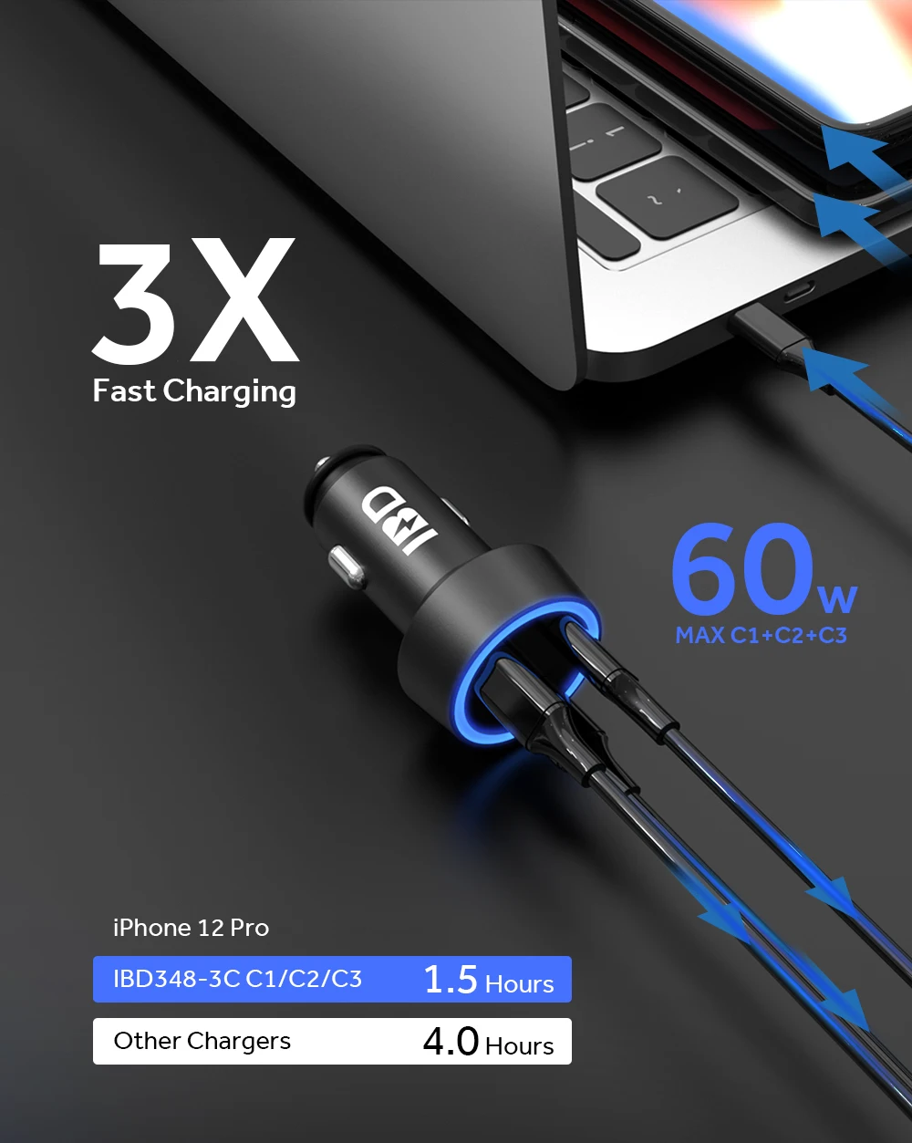 

Amazon Top selling 2021 Big power 3 Port PD 3.0 Type C 60W Fast Charging Mobile Phone Car Charger, Black