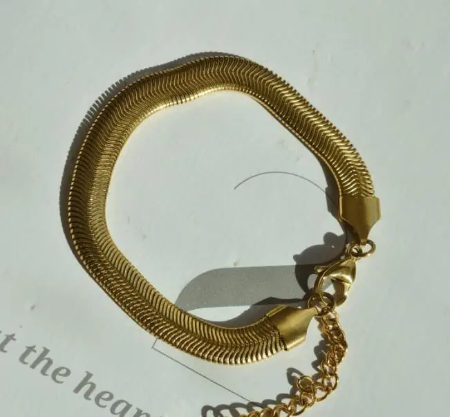 

Hypoallergenic Jewelry Flat Snake Chain Statement Bracelet 18k Gold Plated Minimalist Bold Herringbone Bracelet, Gold, rose gold, steel, black etc.