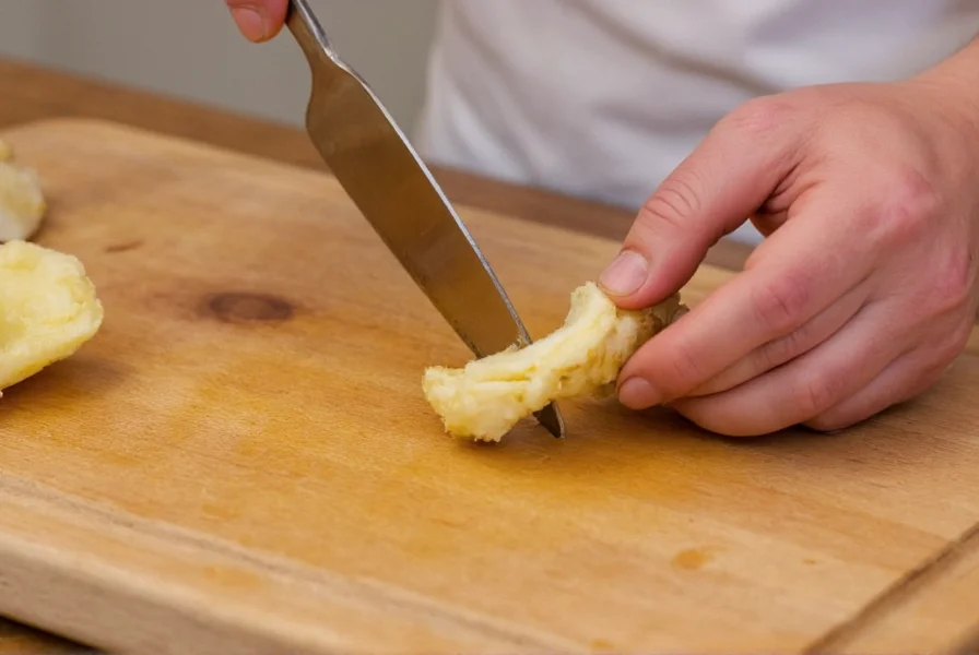 Close-up of hand using spoon to peel ginger root on wooden cutting board
