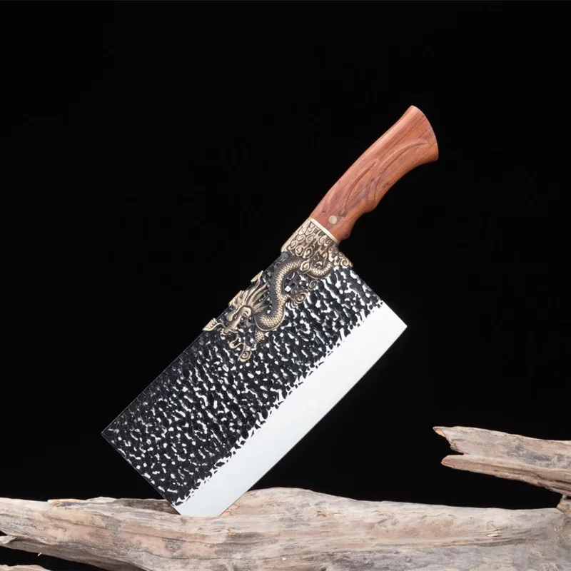 

Longquan 8 inch hammer pattern dragonkind sharp chicken bone chopper old chinese household kitchen knife, Silver