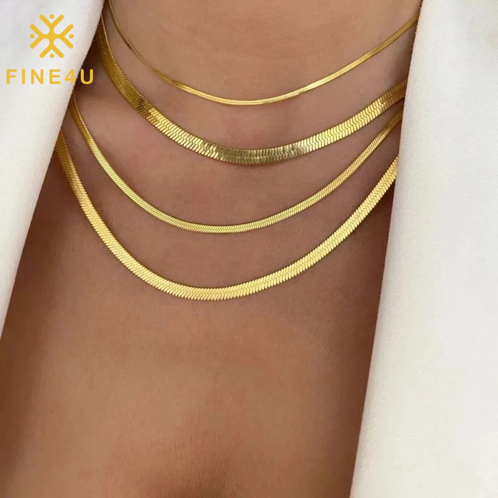 

High Quality Trendy Jewelry 2023 Stack 14K Gold Plated Stainless Steel Herringbone Blade Snake Chain Necklace