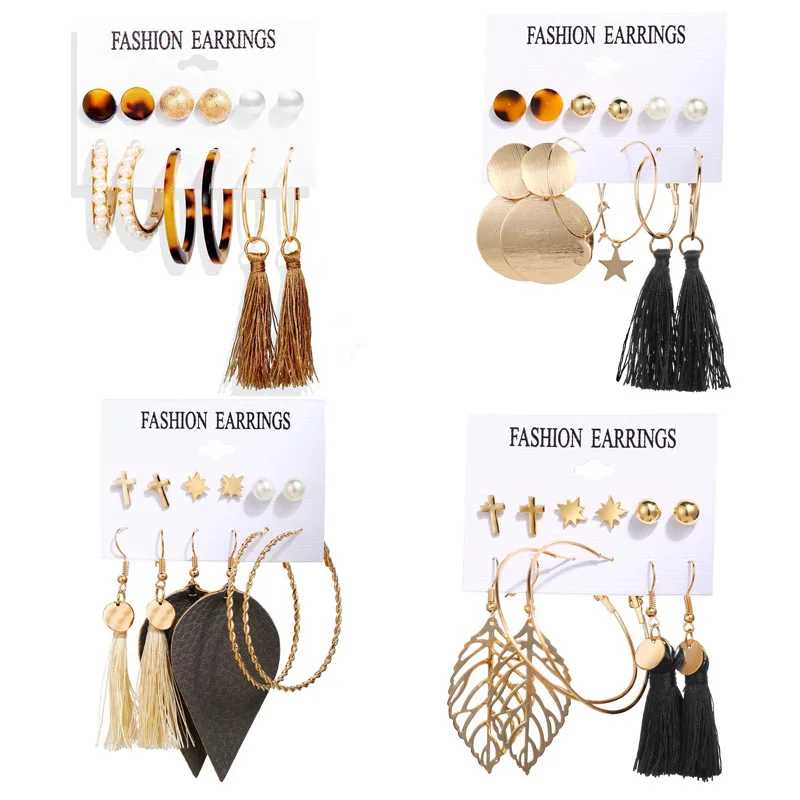 

DP Acrylic Pearl Earrings Mixed Designs Leopard Tassel Stud Earrings Set for Women Fashion Jewelry, As picture