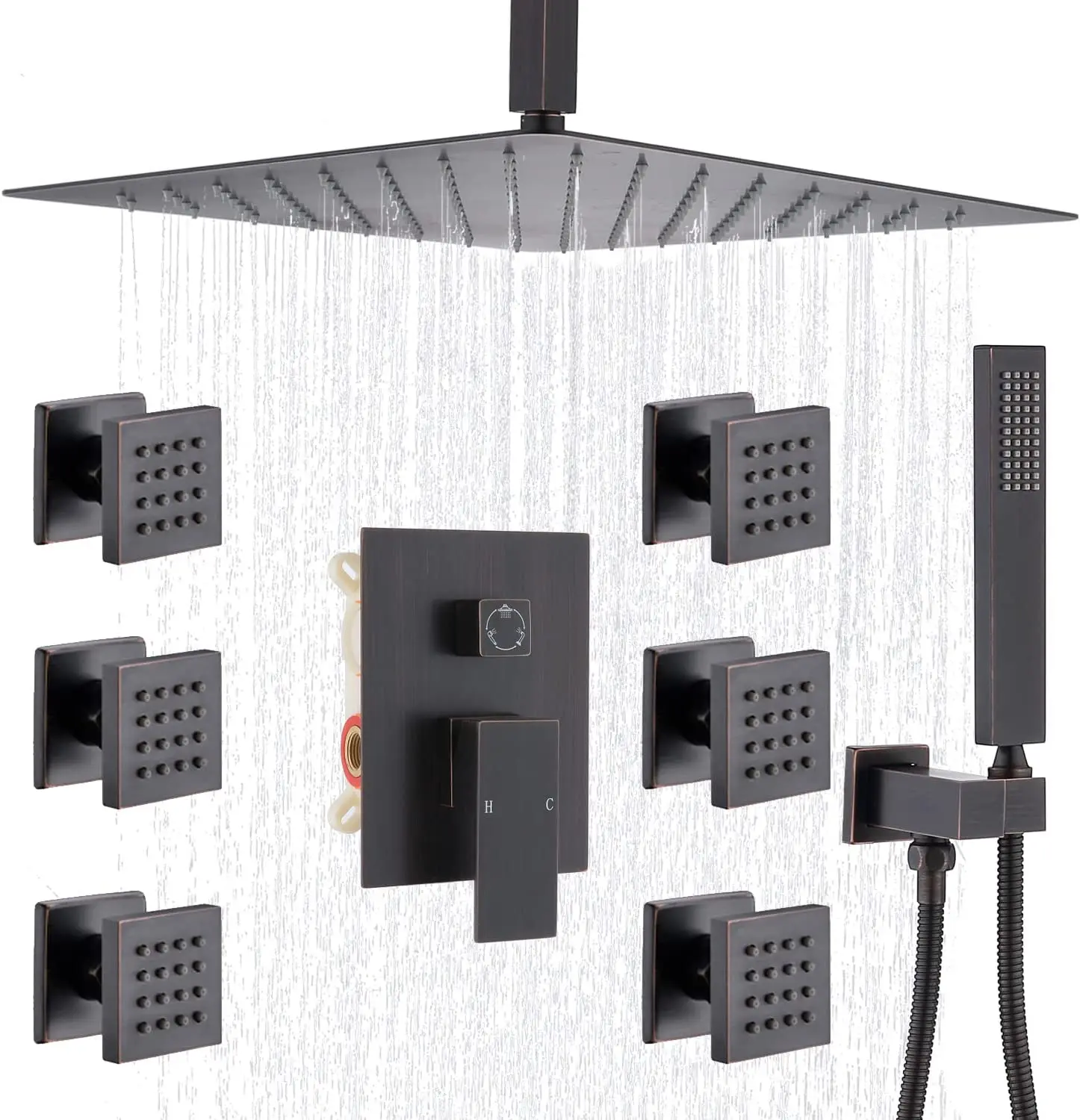

Oil Rubber Bronze Ceiling Mount Shower System with Body Jets and Hand Spray Bathroom Shower Combo Set 3 Functions