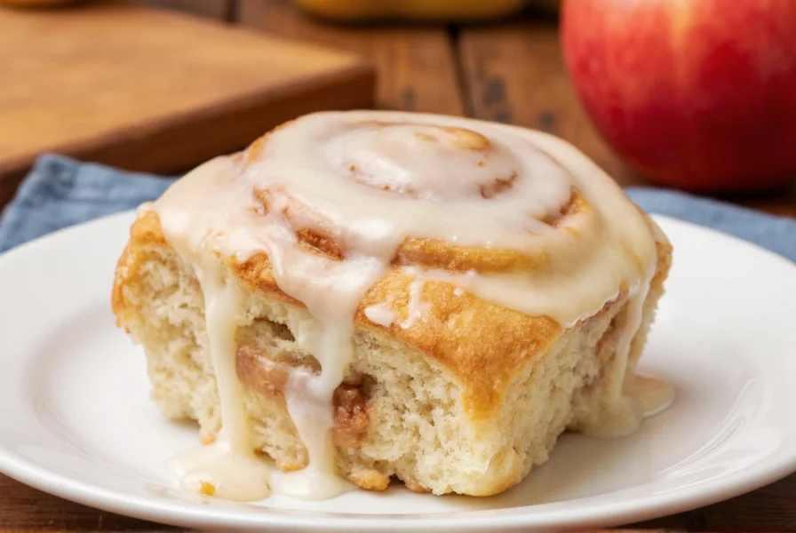 Step-by-step process of making apple cinnamon rolls showing dough rolling, apple placement, and finished product with icing