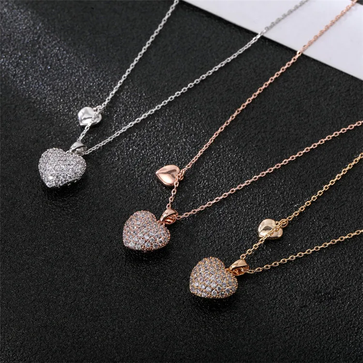 

New Fashion Heart Shaped Full Rhinestone Clavicle Necklace Stereo Double Love Zircon Necklace Copper Zirconium Necklace, Picture shows