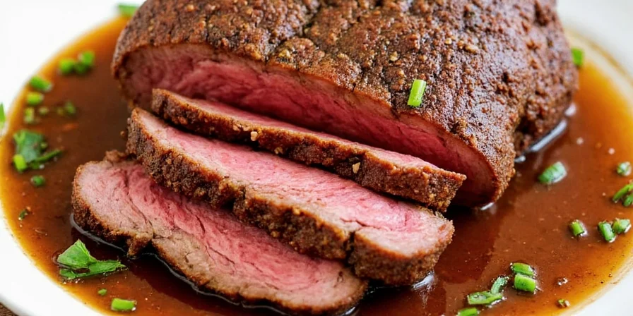 Butter being melted over sliced brisket