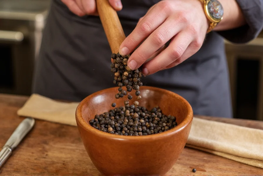 Chef's hand grinding fresh black peppercorns in a wooden mortar with pestle, showing the aromatic release