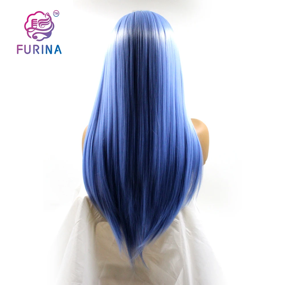 

New arrival korea silk 26 Inches solid blue color long straight silky synthetic lace front wigs