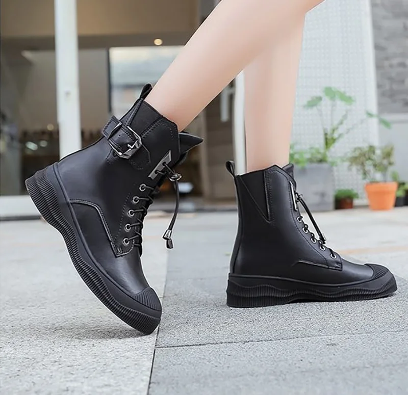 

Breathable Ladies Martin Boots Shoes Genuine Leather Black Ankle Short Boots Women, Picture shows