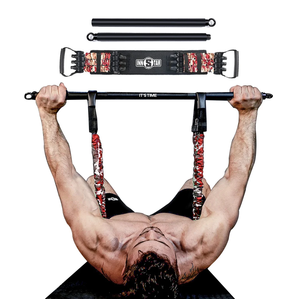 

RTS Amazon Hot Sale Bench Press Resistance Band with Bar Body building Fitness Gym Equipment, Camo red