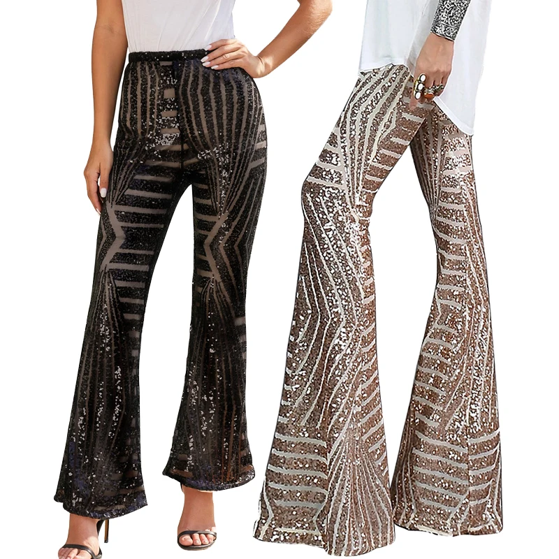 

Casual Black High Waist Trousers Women Flare Sequin Pants