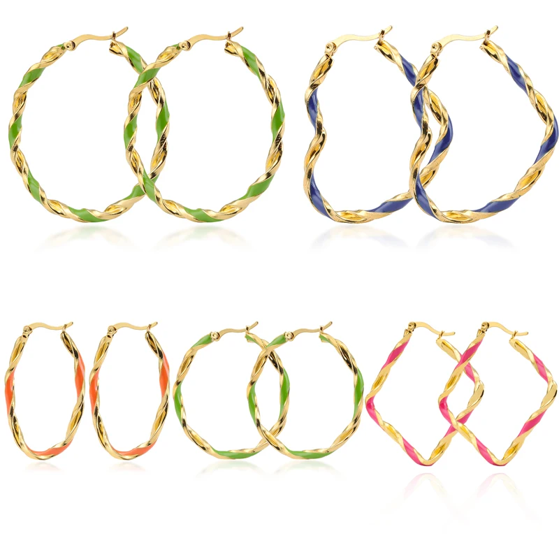 

Hot Sale Stainless Steel Hollow Earrings Irregular Shape Colorful Hoop Earring Ins Gold Plated Huggies Earings For Women