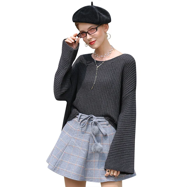 

Wholesale Spring Ladies Lantern Sleeve Knitwear Loose Casual Jumpers Custom Crew Neck Knitting Women Sweaters, Customized color