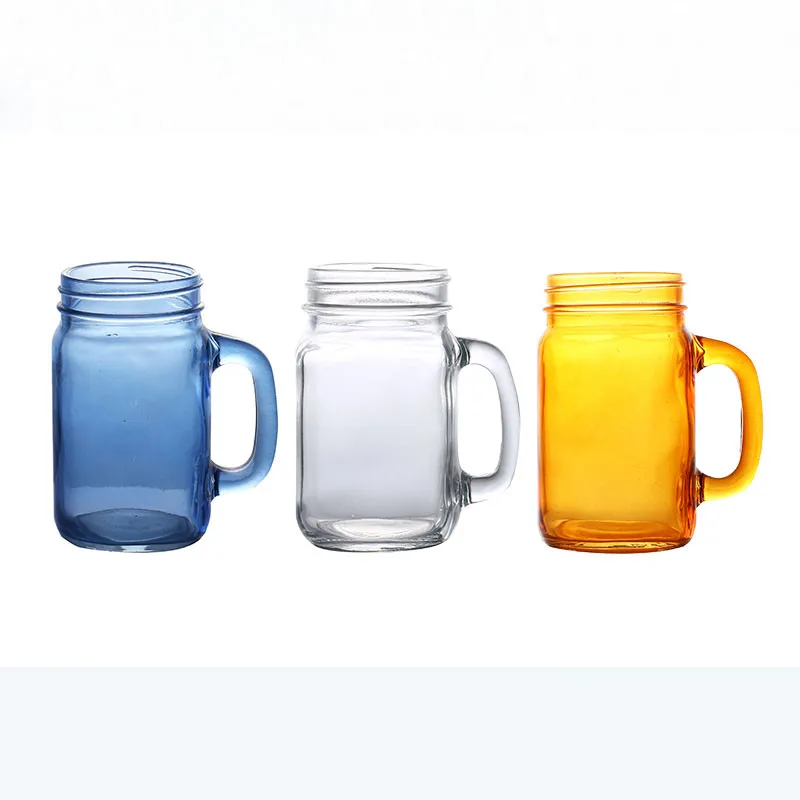 450ml Multicolor Glass Mason Jar With Handle And Tin Lid Juice Drinking