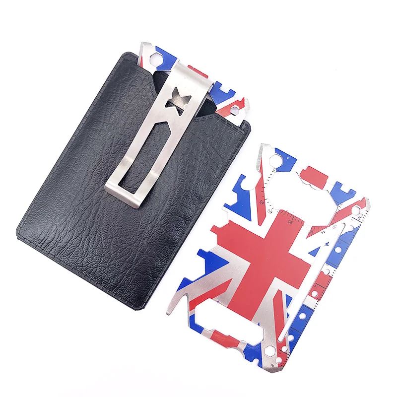 

Outdoor Emergency Swiss Knife Pocket England Flag Survival Kit Credit Multi Tool Card With Money Clip, Silver,black