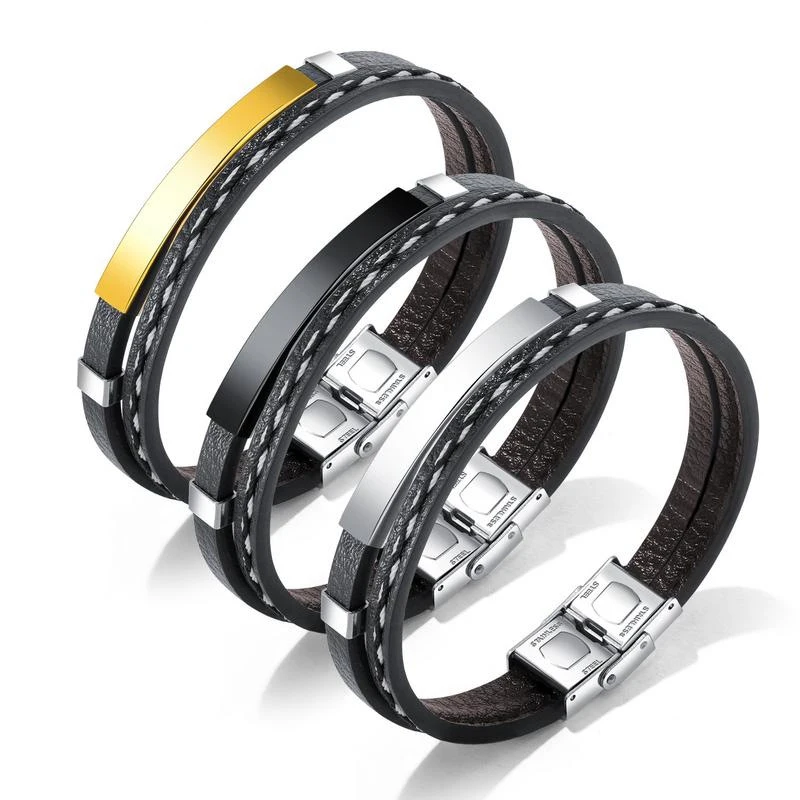 

New punk stainless steel glossy leather bracelet multilayer woven men bracelet jewelry (SK1241), As picture