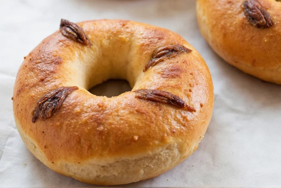 Freshly baked cinnamon raisin bagels sliced open showing perfect interior crumb structure with evenly distributed raisins