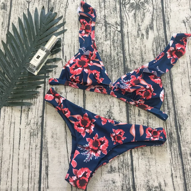 

Hot Sale New Printed Bikini Ruffled Swimsuit Women 2021 Sexy Swimwear European And American Strappy Bikini, As show or customized