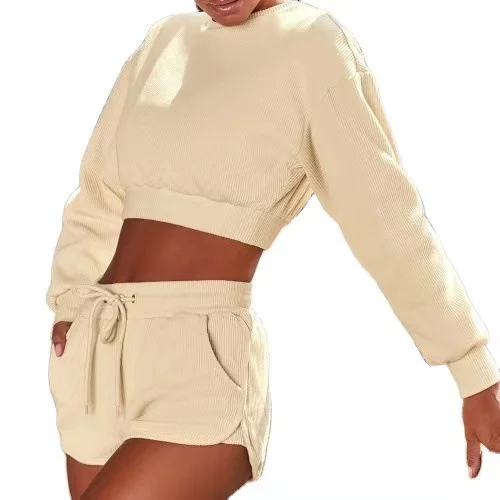 

VOOGUE Fitness Two Piece Set For Women Cropped Sweatshirt Set Long Sleeve Workout Women Summer Short Set, Picture
