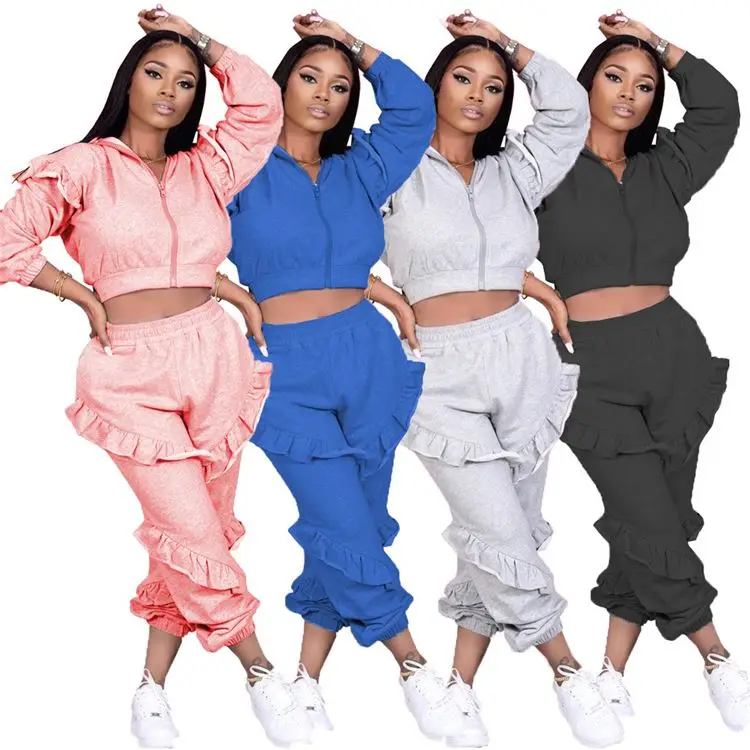 

D95896 Best Seller Winter Woman Two Piece Set 2020 Casual Hooied Zipper Top And Ruffles Pants 2 Piece Outfit Set Woman Clothing