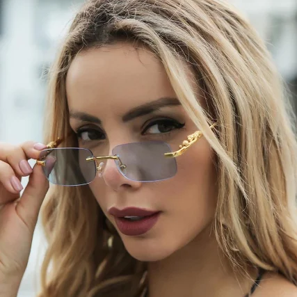 

Clear Blue Women's Sunglasses Square Cheetah Decoration Metal Sunglasses Men Women Vintage Rimless Glasses Female UV400