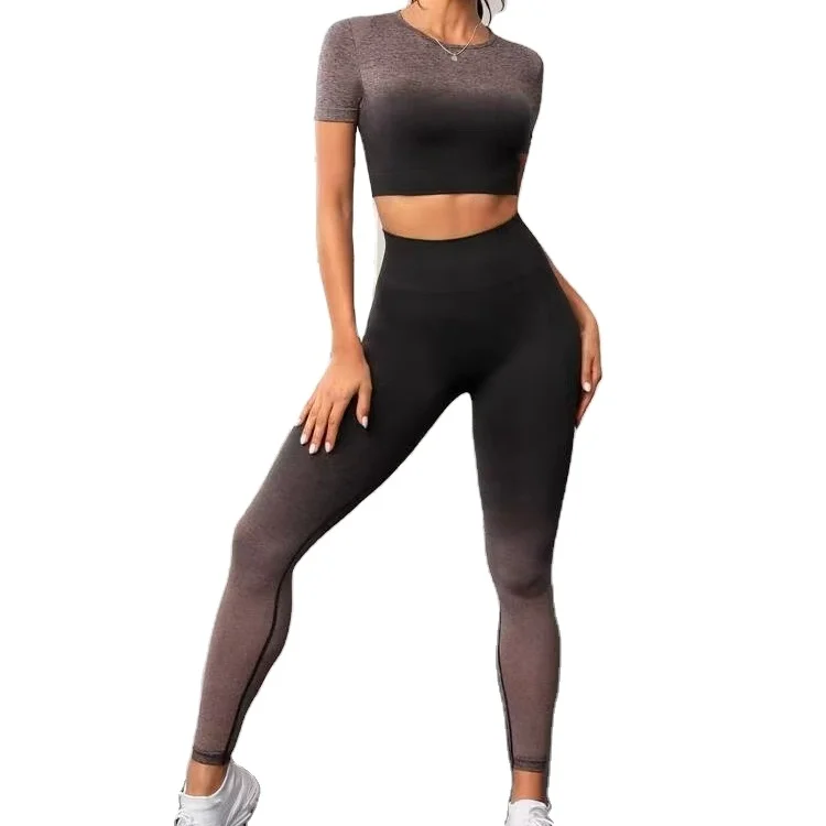 

Aoyema Gradient Yoga Wear Suit Women's Seamless Tight Sports Short Sleeve T-Shirt Short Sleeve Crop Top leggings Yoga Set