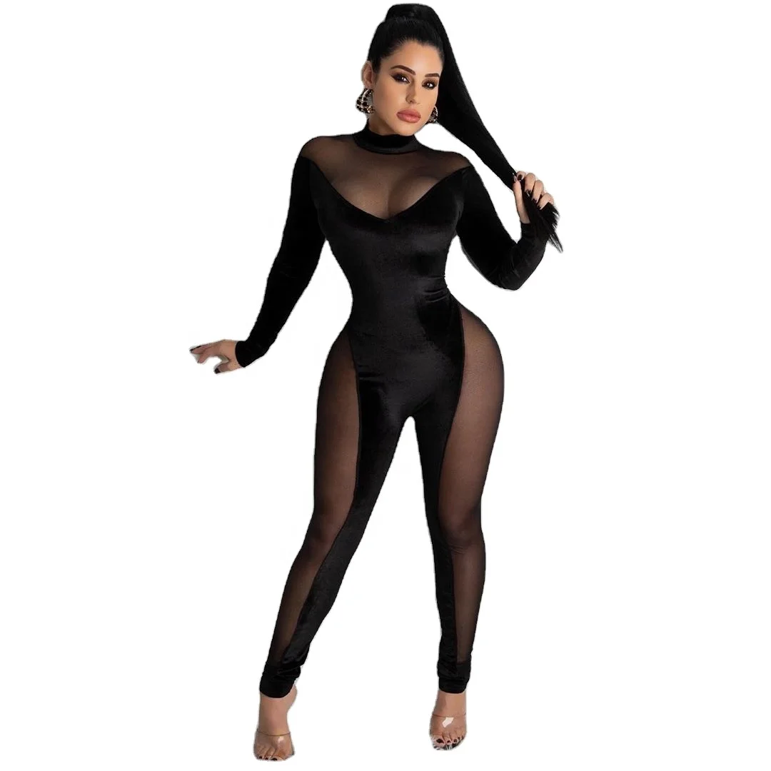 

Wholesale 2021 Spring Flannel Mesh Jumpsuit Women Sexy Stitching See Through Luxury Jumpsuits